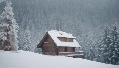 Cabin in snowy mountain forest