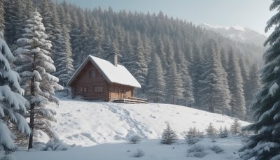 Snowy cabin in a winter forest