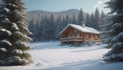 Snowy cabin in the forest