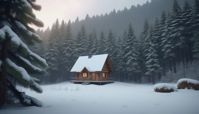 Snowy cabin in winter forest