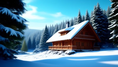 Snowy cabin in the forest