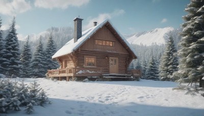 Winter cabin in the mountains