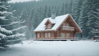 Snowy cabin in the woods