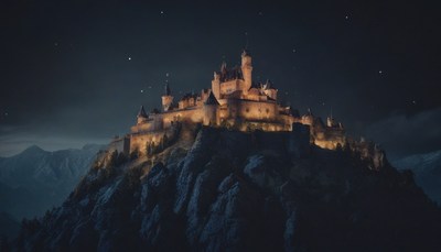 Mountaintop castle under night sky