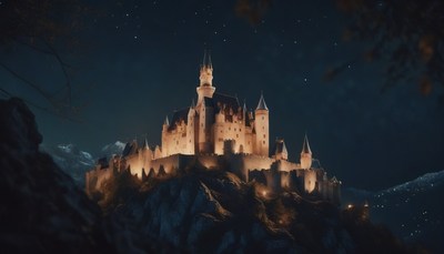 Illuminated castle on a hilltop at night