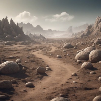 Dusty path through alien landscape