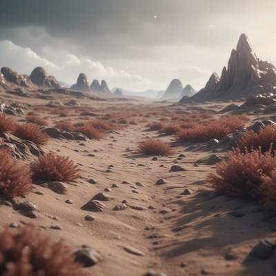 Desert path under cloudy sky