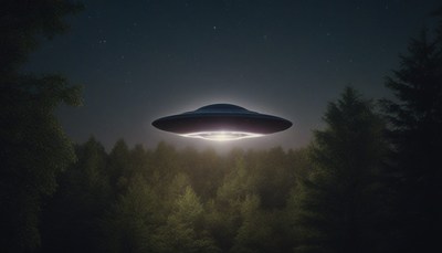 UFO hovering over pine trees