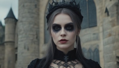 Woman in black crown at castle