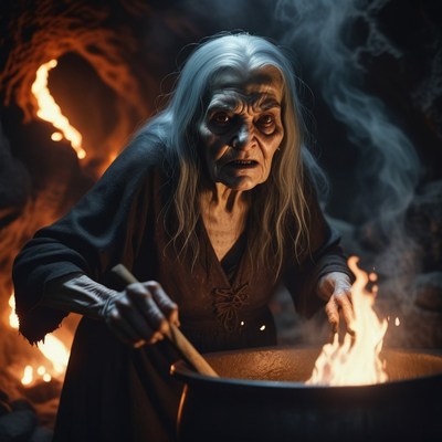Old woman stirring cauldron by fire