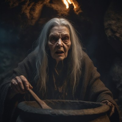 Old woman stirring cauldron in dark cave