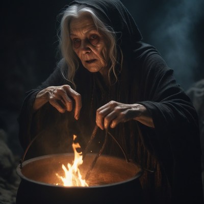 Elderly woman stirring cauldron