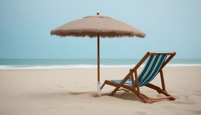 Beach chair and umbrella on sandy shore