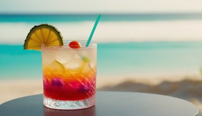 Layered cocktail on beach table