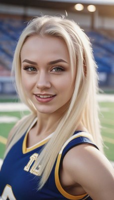 Blonde cheerleader smiling at stadium