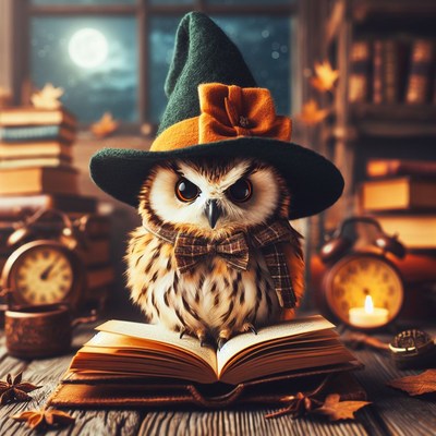 Owl in witch hat reading book at night