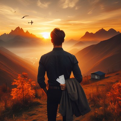 Man watching sunset over mountains