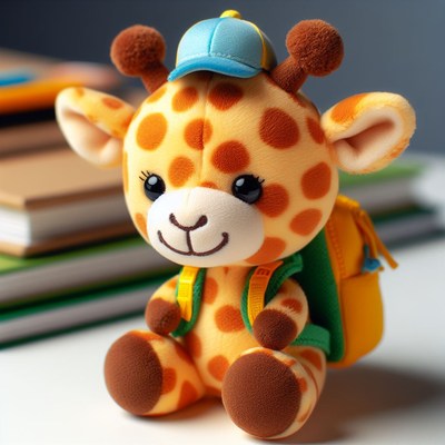 Stuffed giraffe wearing a hat and backpack