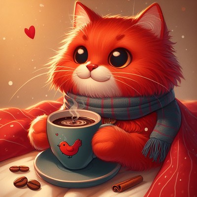 Orange cat enjoying coffee