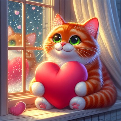 Orange cat holding heart by window