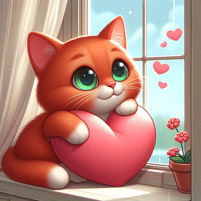 Cat holding heart by window