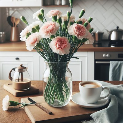 Pink carnations and coffee in kitchen