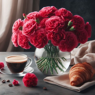 Carnations, coffee, and croissant breakfast