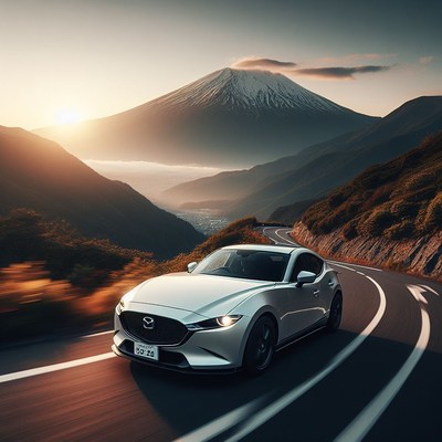 White car driving through mountain pass at sunset