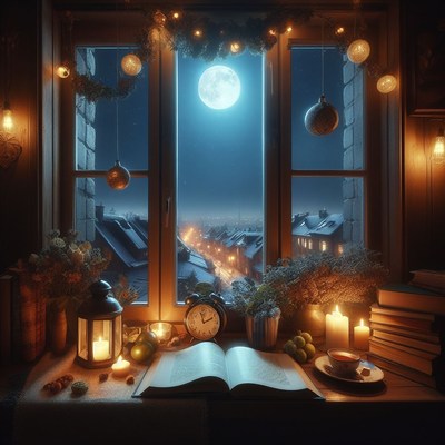 Cozy winter night with full moon