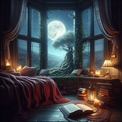 Moonlit bedroom with tree and book
