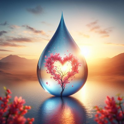 Heart tree in water drop at sunset