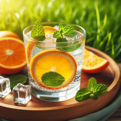 Orange and mint drink on wooden tray