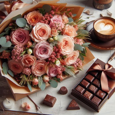 Pink rose bouquet with chocolate and coffee