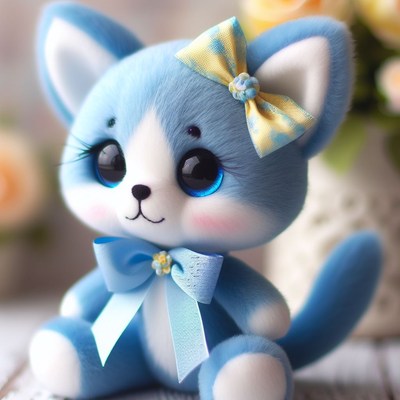 Blue plush cat toy sitting