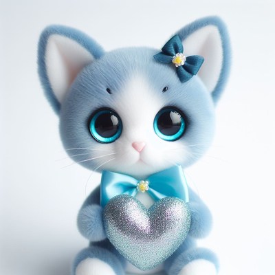 Blue plush cat holding heart
