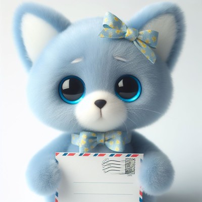 Blue plush cat holding envelope