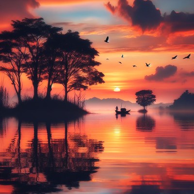 Sunset over lake with boat