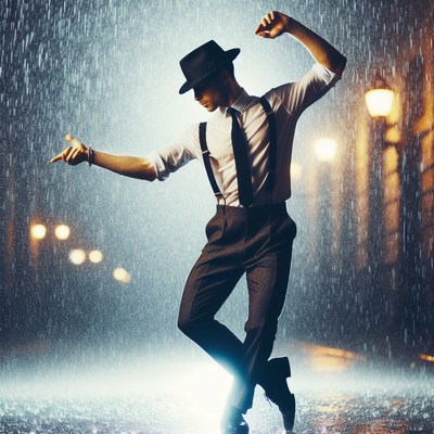 Man dancing in the rain at night