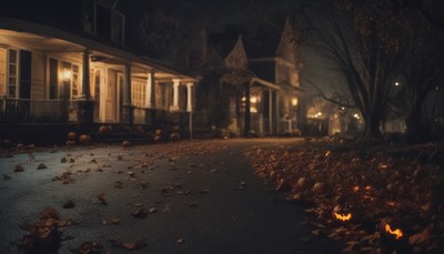 Suburban street at night with jack-o'-lanterns