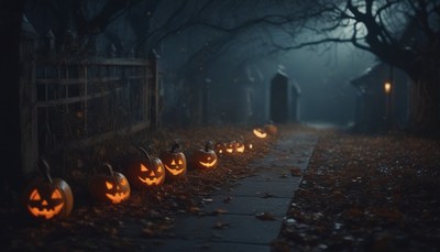 Jack-o'-lanterns on a foggy halloween night
