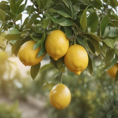 Ripe lemons hanging on a tree branch