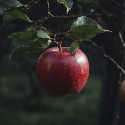 Red apple hanging from branch
