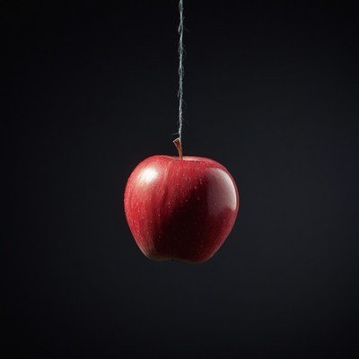 Red apple hanging on string
