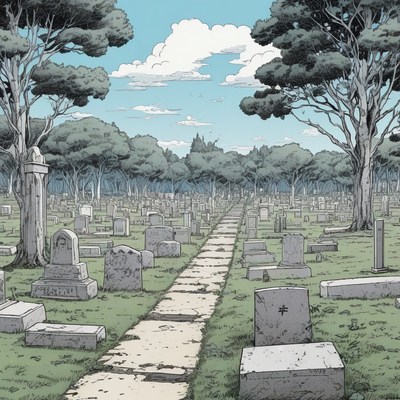 Graveyard path under blue sky