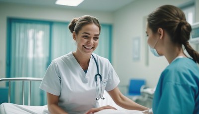 Nurse smiles at patient in hospital room