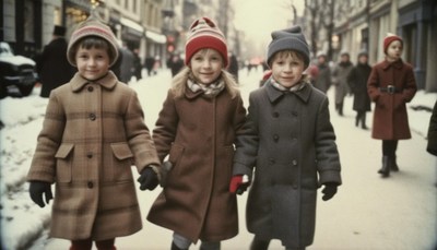 Children walking in snowy city street