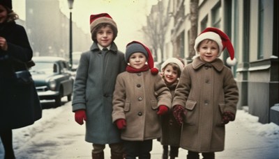 Children in winter hats on street
