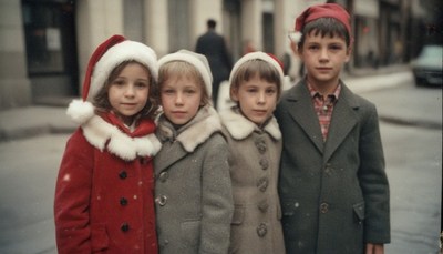 Children in santa hats on a snowy street