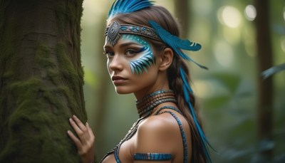 Woman in native american headdress by tree
