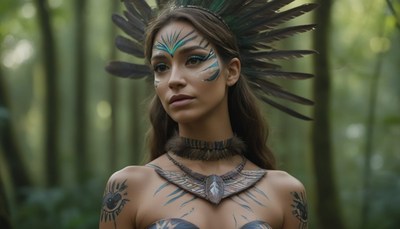 Woman with feather headpiece in forest